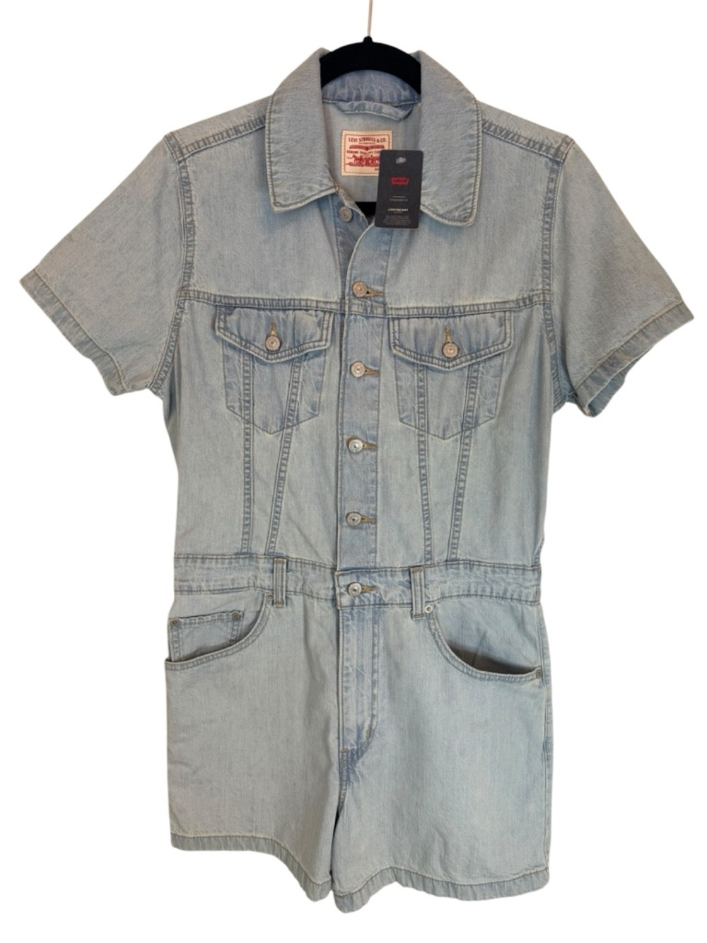 NWT Levi’s Denim Romper Jumpsuit Light Wash Utility Short Sleeve Size S - Picture 2 of 10